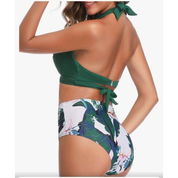 Tropical Womens Vintage 2 Piece Swimsuit Retro Halter High Waist Bikini Size Med - Picture 3 of 10